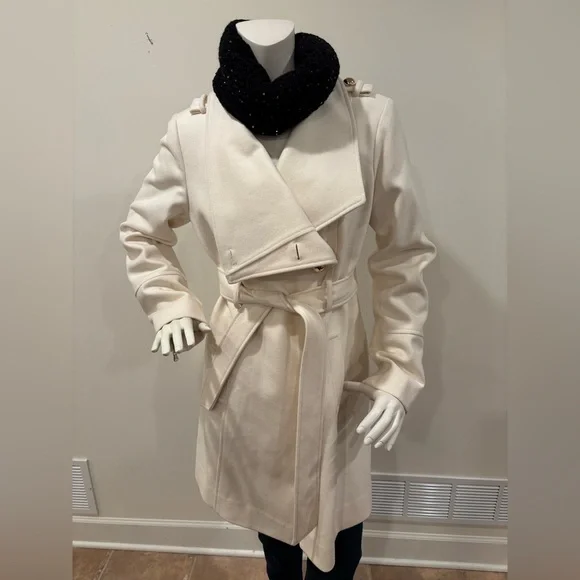 Guess Wool Blend Asymmetrical Cream Colored Wrap Coat, Size XL - Picture 2 of 16